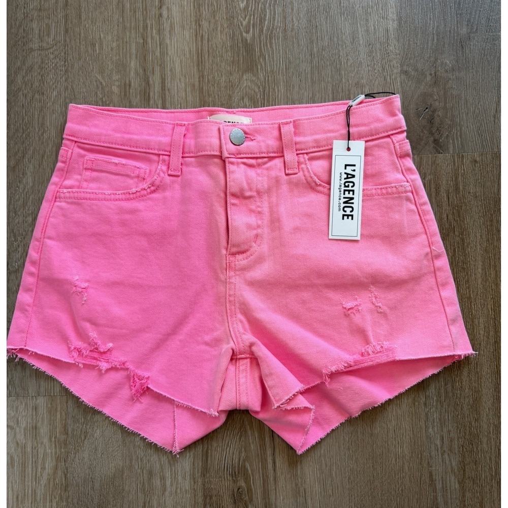 L'AGENCE Clark High-Rise Frayed Shorts Shocking Pink 25 NWT $275